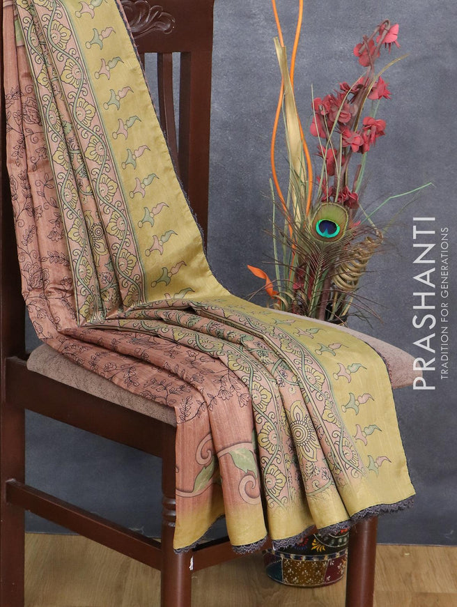 Semi tussar saree pastel brown with allover embroidery work and floral printed border - {{ collection.title }} by Prashanti Sarees