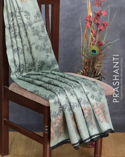Semi tussar saree pastel green with allover embroidery work and kalamkari printed border - {{ collection.title }} by Prashanti Sarees