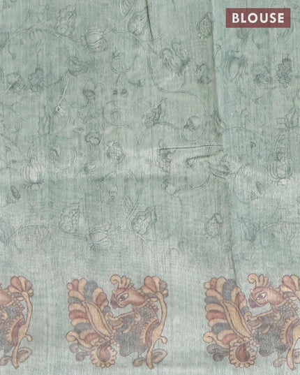 Semi tussar saree pastel green with allover embroidery work and kalamkari printed border - {{ collection.title }} by Prashanti Sarees
