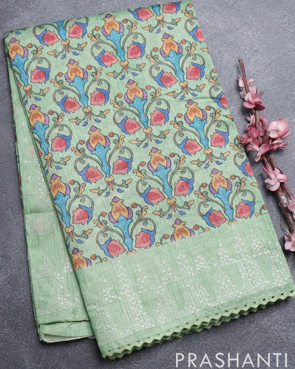 Semi tussar saree pastel green with allover prints and embroidery sequin work border - {{ collection.title }} by Prashanti Sarees