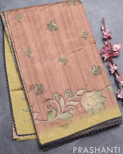 Semi tussar saree pastel peach and elaichi green with embroidery work and printed border - {{ collection.title }} by Prashanti Sarees