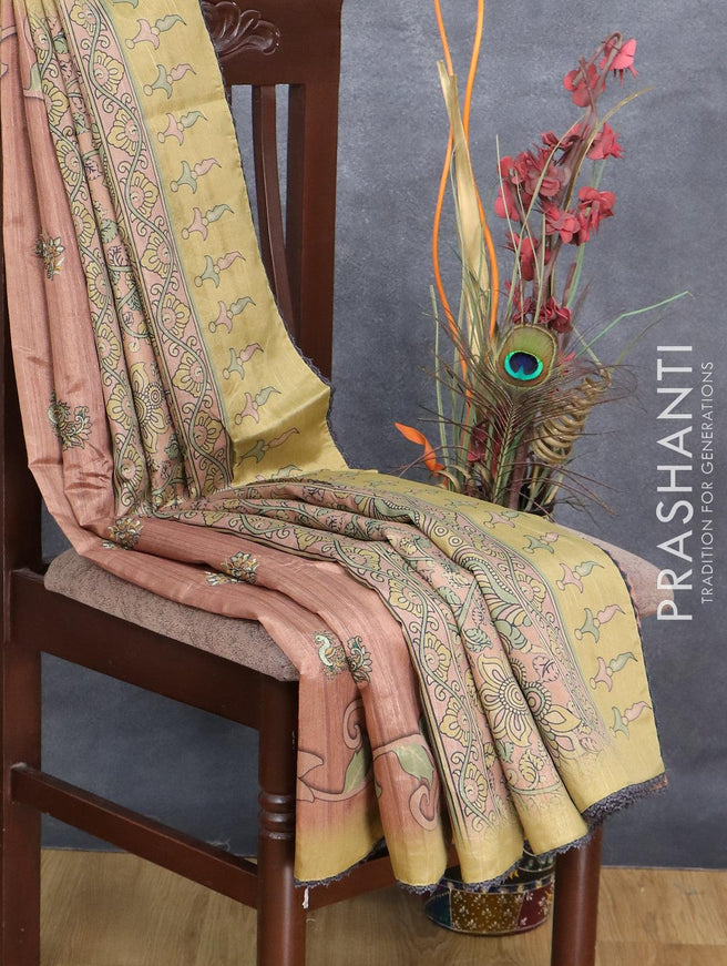 Semi tussar saree pastel peach and elaichi green with embroidery work and printed border - {{ collection.title }} by Prashanti Sarees