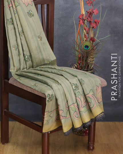 Semi tussar saree pastel shade and elaichi green with embroidery work and printed border - {{ collection.title }} by Prashanti Sarees