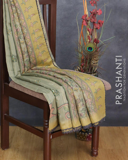 Semi tussar saree pastel shade and elaichi green with embroidery work and printed border - {{ collection.title }} by Prashanti Sarees