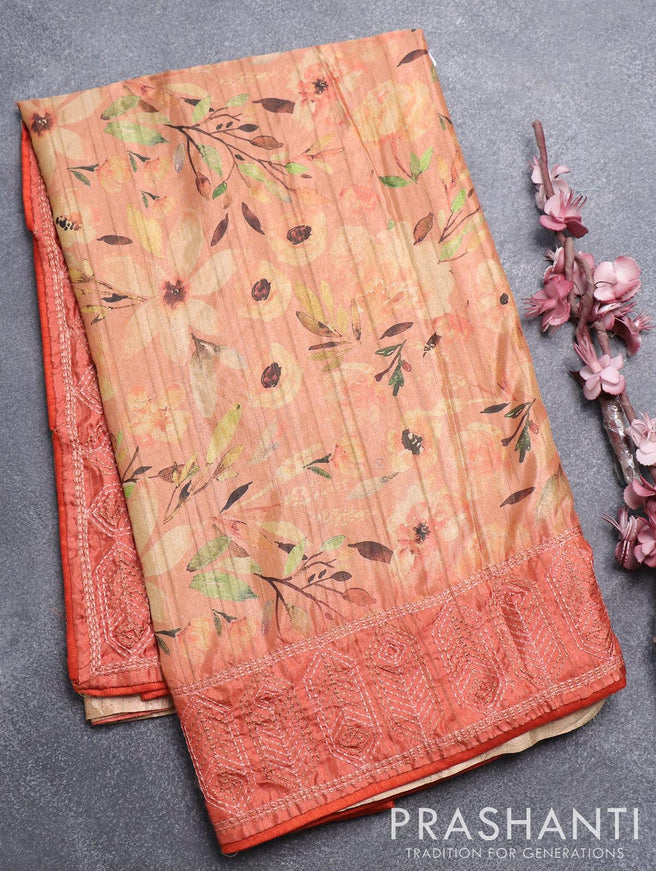 Semi tussar saree peach and rustic orange with allover floral prints and embroidery work border - {{ collection.title }} by Prashanti Sarees