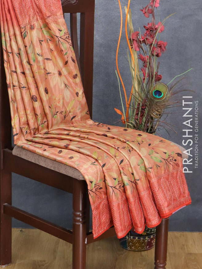Semi tussar saree peach and rustic orange with allover floral prints and embroidery work border - {{ collection.title }} by Prashanti Sarees