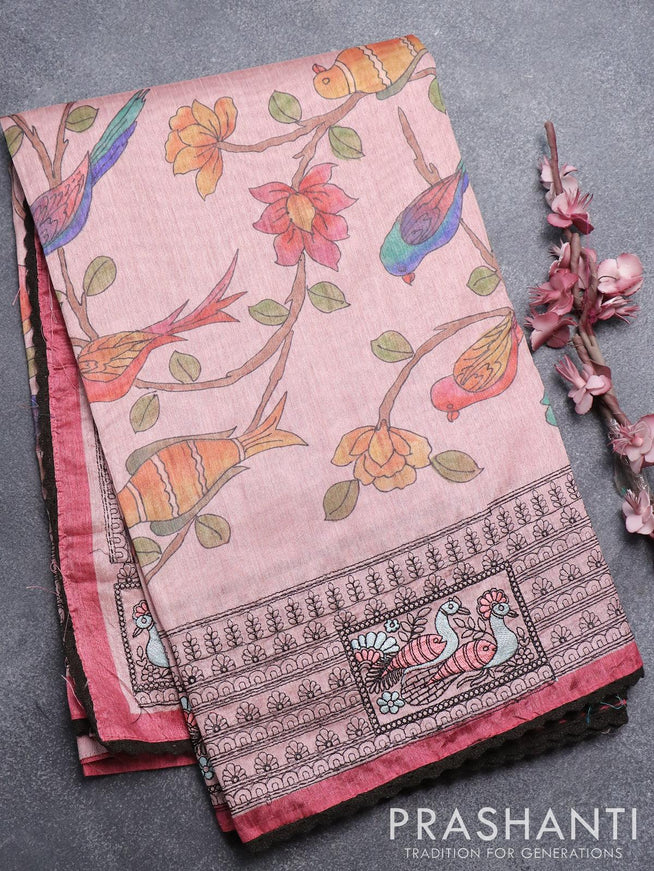 Semi tussar saree peach pink and pink with allover kalamkari prints and embroidery work border - {{ collection.title }} by Prashanti Sarees
