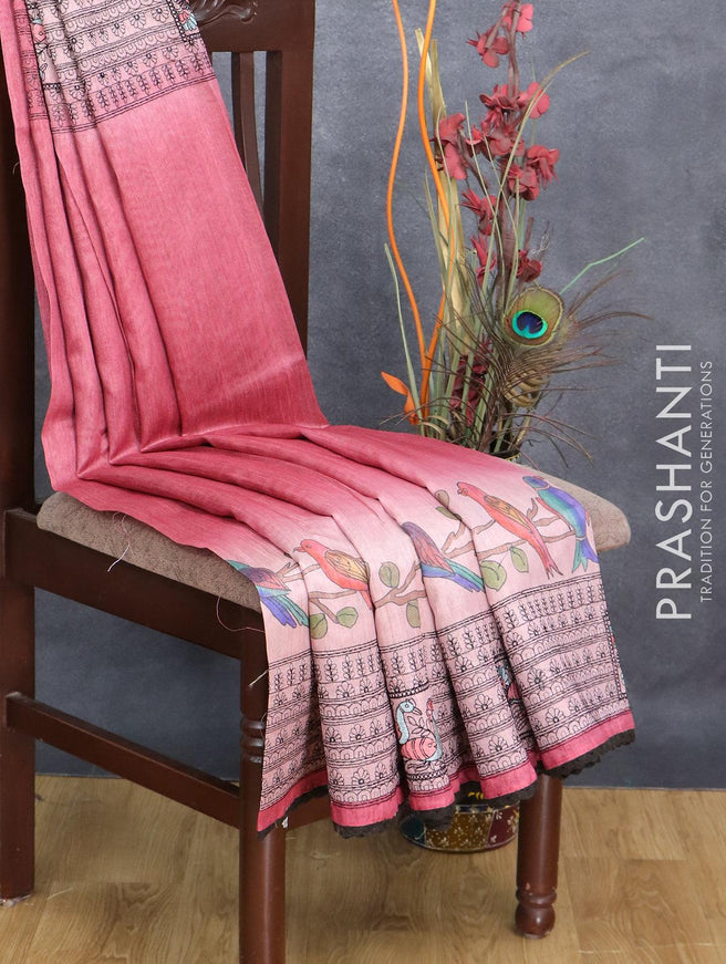 Semi tussar saree peach pink and pink with allover kalamkari prints and embroidery work border - {{ collection.title }} by Prashanti Sarees