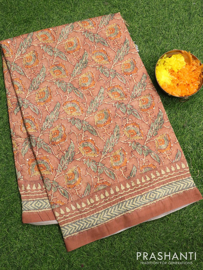 Semi tussar saree peach shade with allover prints & kantha stitch work and printed border - {{ collection.title }} by Prashanti Sarees