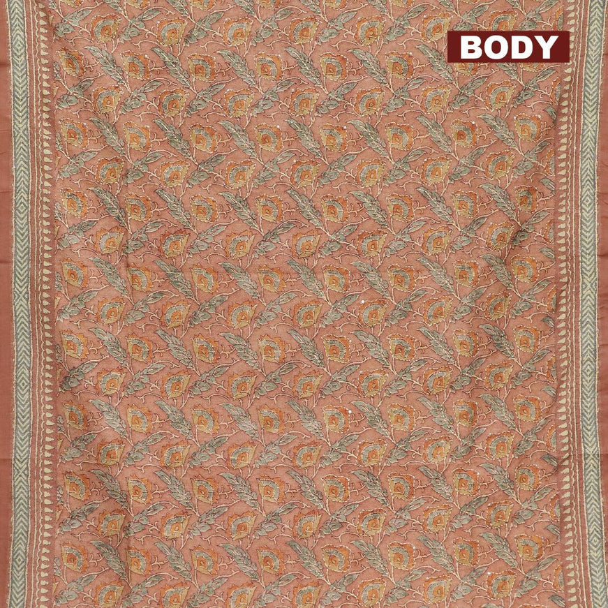 Semi tussar saree peach shade with allover prints & kantha stitch work and printed border - {{ collection.title }} by Prashanti Sarees