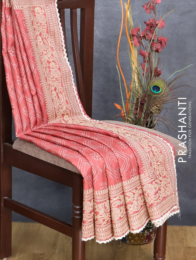 Semi tussar saree peach with allover geometric prints and embroidery work border - {{ collection.title }} by Prashanti Sarees
