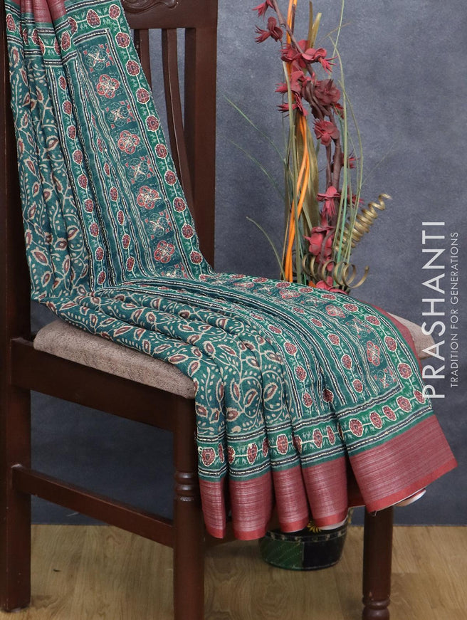 Semi tussar saree peacock green and maroon with allover prints & kantha stitch work and silver zari woven border - {{ collection.title }} by Prashanti Sarees