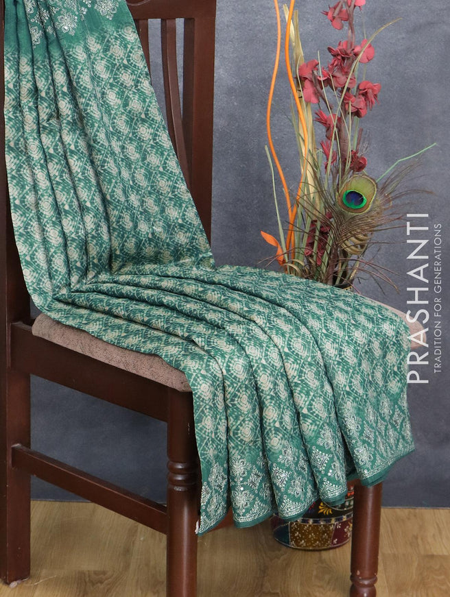 Semi tussar saree peacock green with allover batik prints and embroidery sequin work border - {{ collection.title }} by Prashanti Sarees
