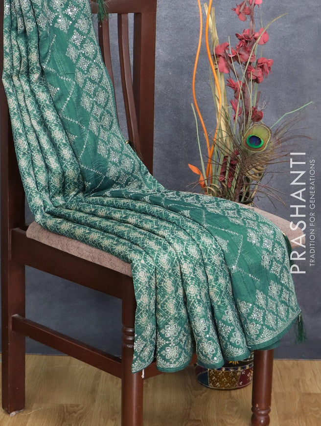 Semi tussar saree peacock green with allover batik prints and embroidery sequin work border - {{ collection.title }} by Prashanti Sarees
