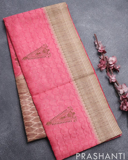 Semi tussar saree pink and beige with allover embroidery work and printed border - {{ collection.title }} by Prashanti Sarees