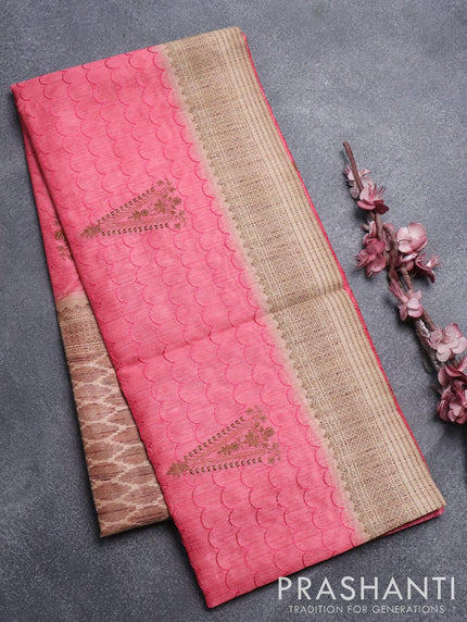 Semi tussar saree pink and beige with allover embroidery work and printed border - {{ collection.title }} by Prashanti Sarees