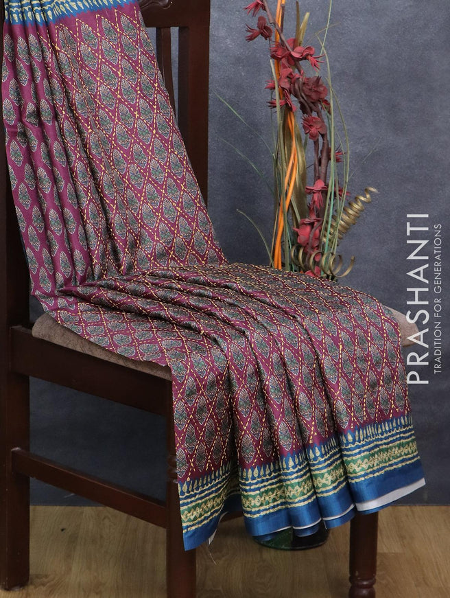 Semi tussar saree purple and blue with allover prints & kantha stitch work and printed border - {{ collection.title }} by Prashanti Sarees