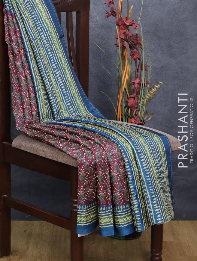 Semi tussar saree purple and blue with allover prints & kantha stitch work and printed border - {{ collection.title }} by Prashanti Sarees