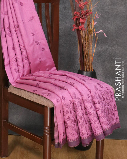 Semi tussar saree purple and jamun shade with allover embroidery work and simple border - {{ collection.title }} by Prashanti Sarees