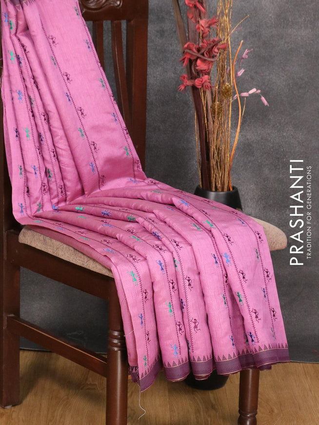 Semi tussar saree purple and wine shade with allover embroidery work and simple border - {{ collection.title }} by Prashanti Sarees