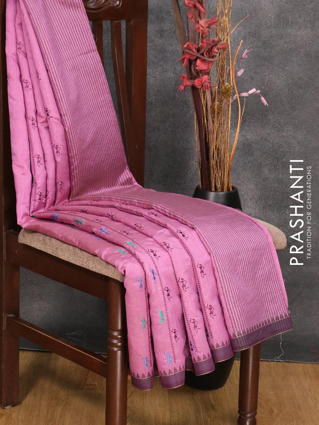 Semi tussar saree purple and wine shade with allover embroidery work and simple border - {{ collection.title }} by Prashanti Sarees