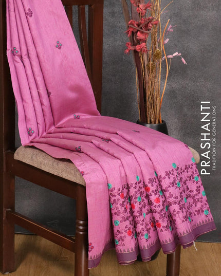 Semi tussar saree purple with embroidery work and simple border - {{ collection.title }} by Prashanti Sarees