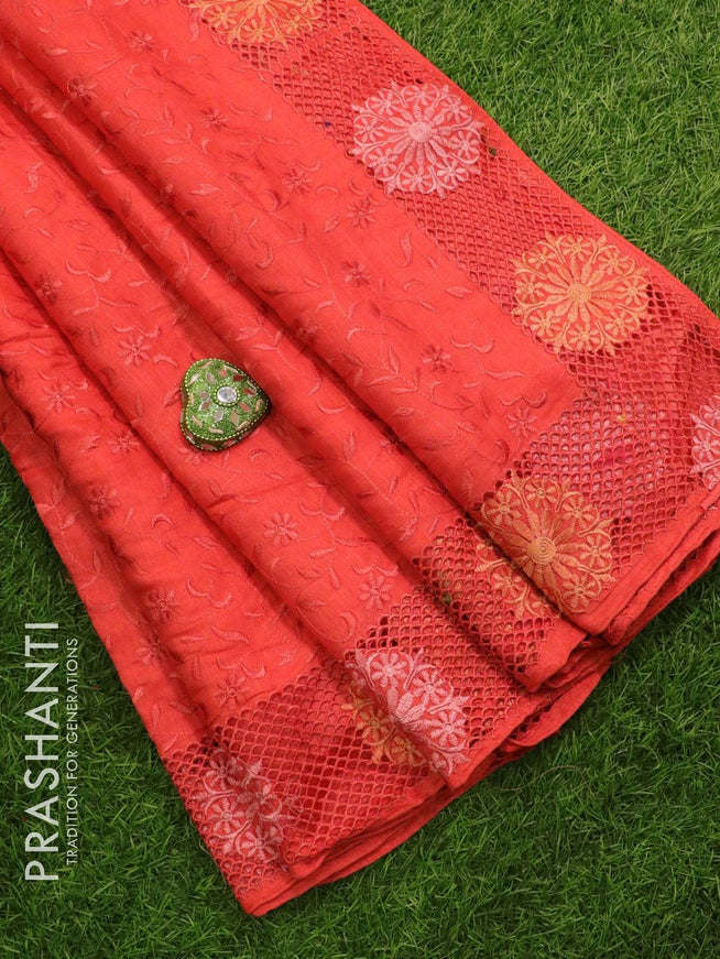 Semi tussar saree red shade with embroidery and cut work - {{ collection.title }} by Prashanti Sarees