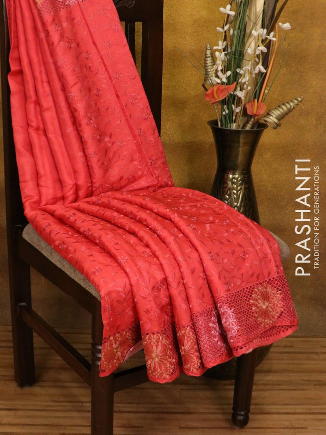 Semi tussar saree red shade with embroidery and cut work - {{ collection.title }} by Prashanti Sarees