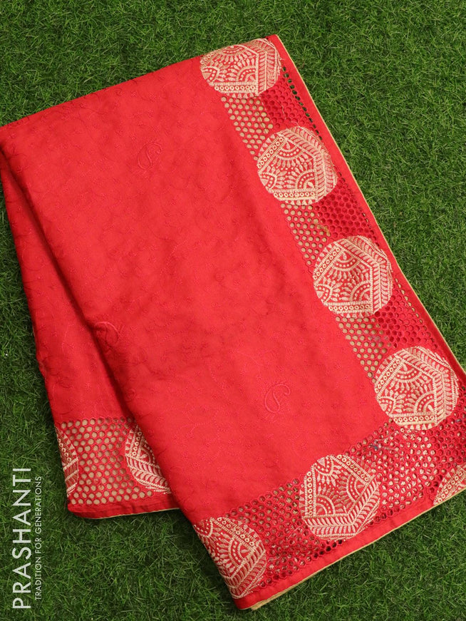 Semi tussar saree red with embroidery and cut work - {{ collection.title }} by Prashanti Sarees