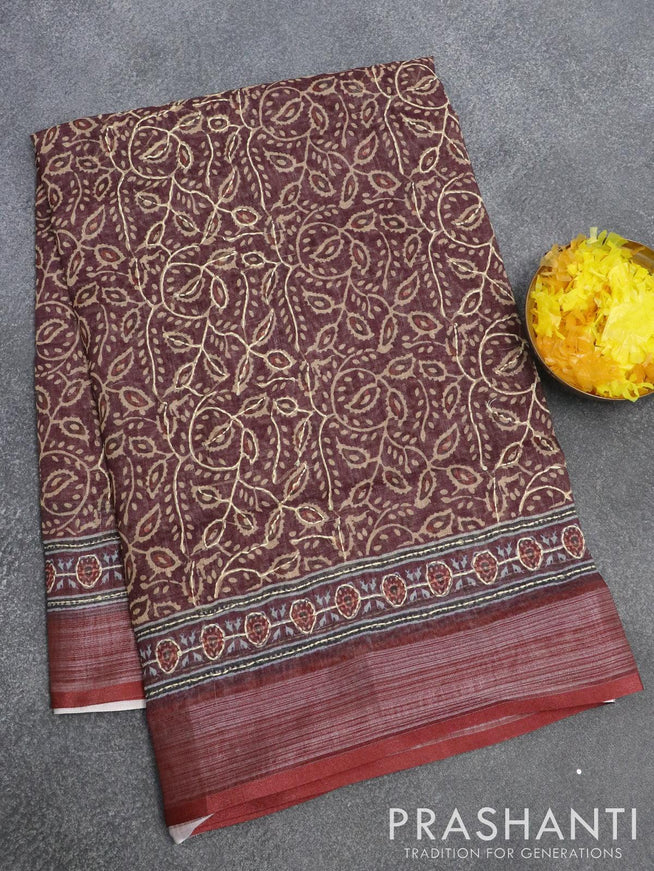Semi tussar saree rosy brown and maroon with allover prints & kantha stitch work and silver zari woven border - {{ collection.title }} by Prashanti Sarees
