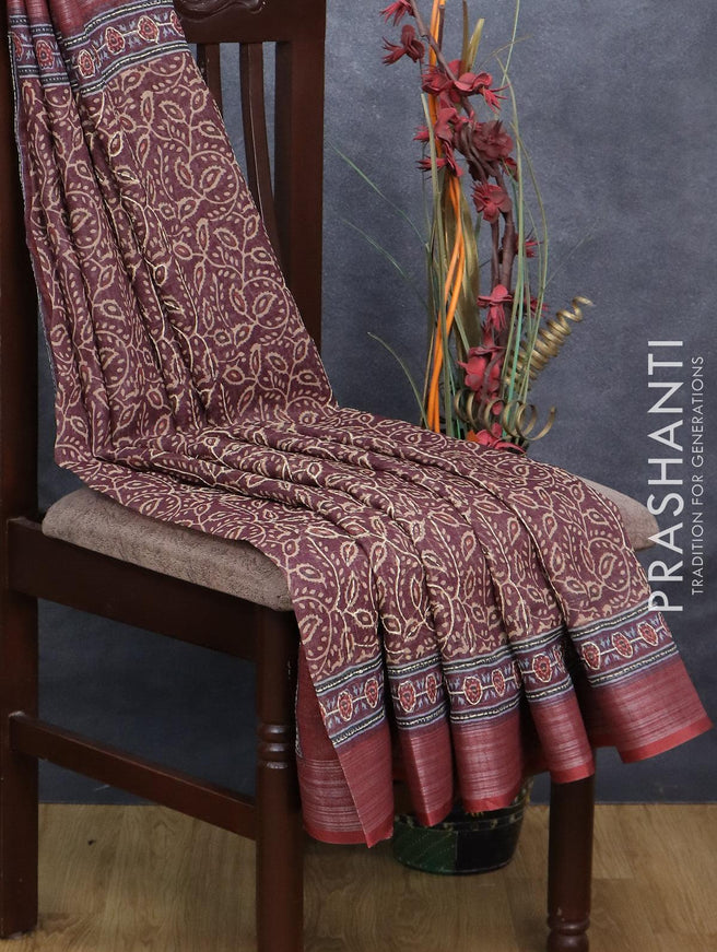 Semi tussar saree rosy brown and maroon with allover prints & kantha stitch work and silver zari woven border - {{ collection.title }} by Prashanti Sarees
