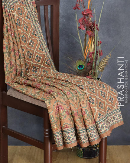 Semi tussar saree rust shade with allover prints & kantha stitch work and kantha stitch work border - {{ collection.title }} by Prashanti Sarees