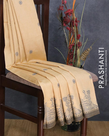 Semi tussar saree sandal and black with embroidery work and simple border - {{ collection.title }} by Prashanti Sarees