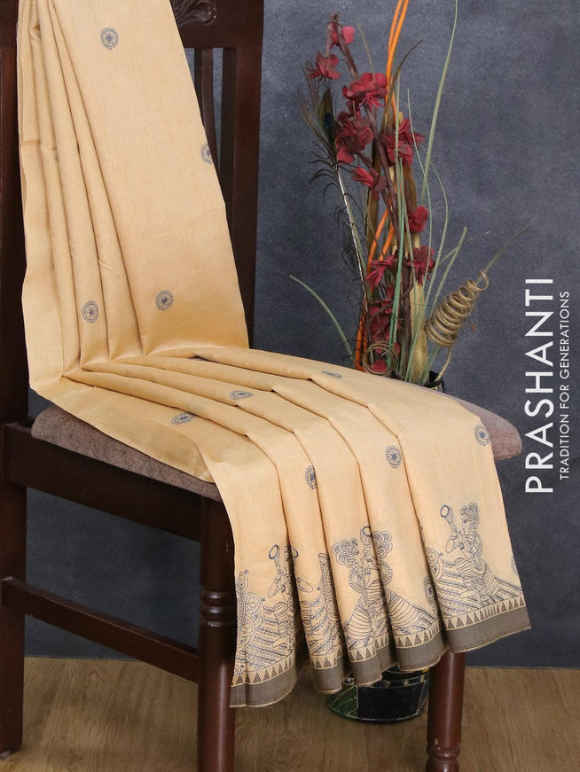 Semi tussar saree sandal and black with embroidery work and simple border - {{ collection.title }} by Prashanti Sarees