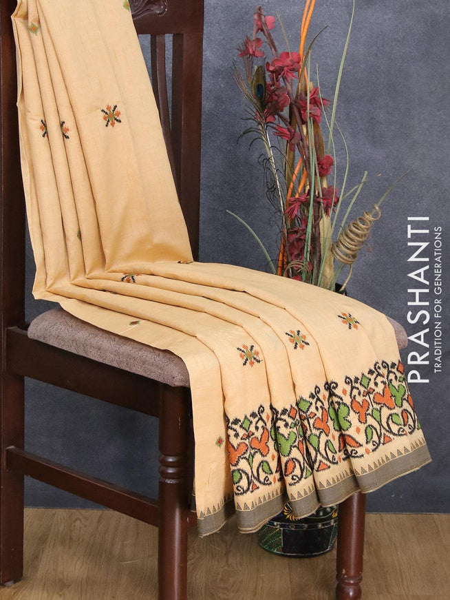 Semi tussar saree sandal and black with ikat embroidery work and simple border - {{ collection.title }} by Prashanti Sarees