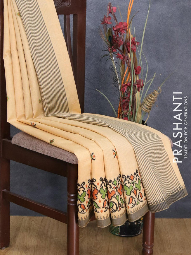 Semi tussar saree sandal and black with ikat embroidery work and simple border - {{ collection.title }} by Prashanti Sarees