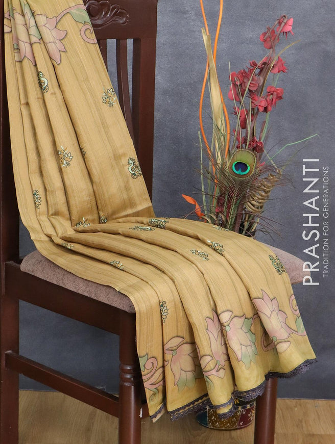 Semi tussar saree sandal and elaichi green with embroidery work and printed border - {{ collection.title }} by Prashanti Sarees