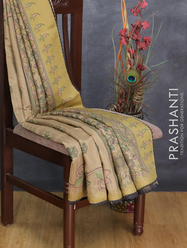 Semi tussar saree sandal and elaichi green with embroidery work and printed border - {{ collection.title }} by Prashanti Sarees