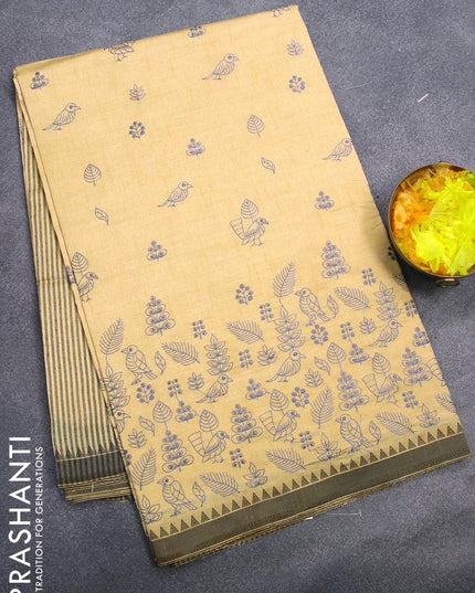 Semi tussar saree sandal and elephant grey with allover embroidery work and simple border - {{ collection.title }} by Prashanti Sarees
