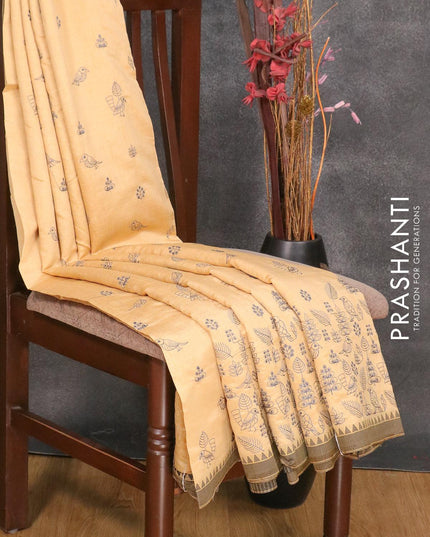 Semi tussar saree sandal and elephant grey with allover embroidery work and simple border - {{ collection.title }} by Prashanti Sarees