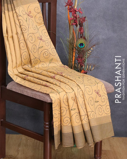 Semi tussar saree sandal and elephant grey with allover kantha stitch work and simple border - {{ collection.title }} by Prashanti Sarees