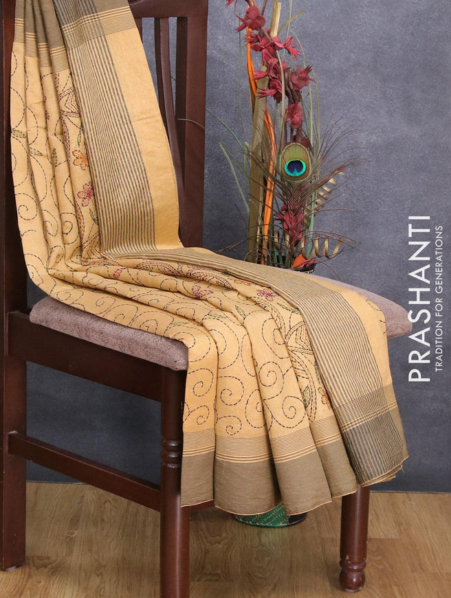 Semi tussar saree sandal and elephant grey with allover kantha stitch work and simple border - {{ collection.title }} by Prashanti Sarees