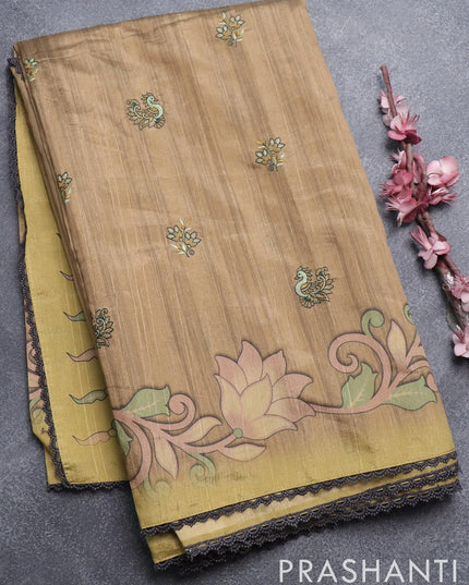 Semi tussar saree sandal shade and elaichi green with embroidery work and printed border - {{ collection.title }} by Prashanti Sarees