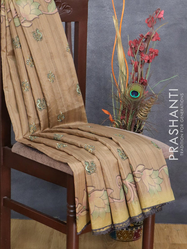 Semi tussar saree sandal shade and elaichi green with embroidery work and printed border - {{ collection.title }} by Prashanti Sarees