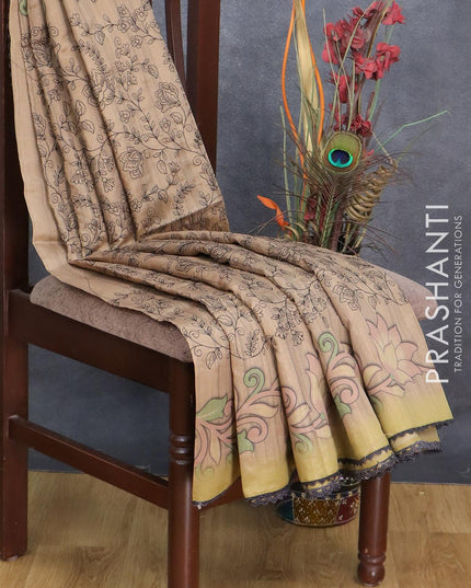 Semi tussar saree sandal with allover embroidery work and floral printed border - {{ collection.title }} by Prashanti Sarees