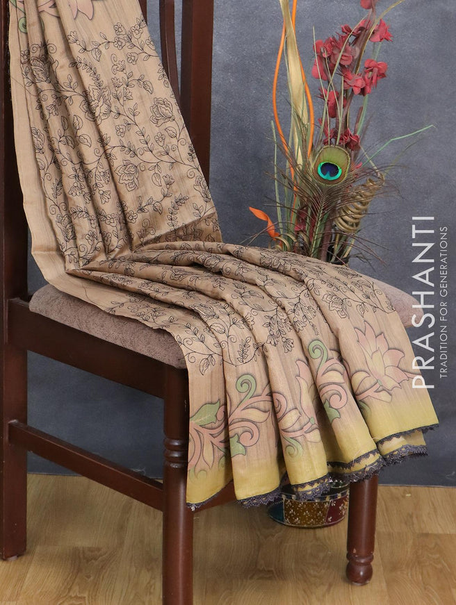 Semi tussar saree sandal with allover embroidery work and floral printed border - {{ collection.title }} by Prashanti Sarees