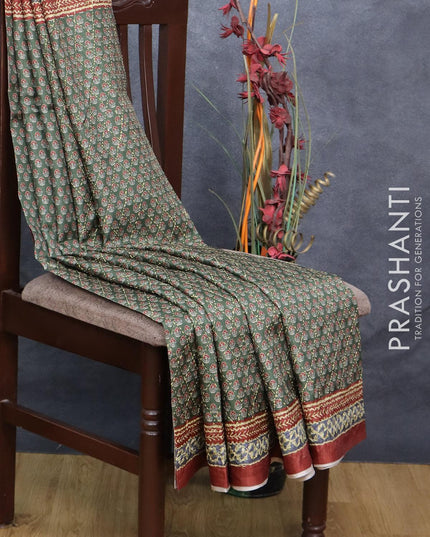 Semi tussar saree sap green and brown with allover floral prints & kantha stitch work and kantha stitch printed border - {{ collection.title }} by Prashanti Sarees