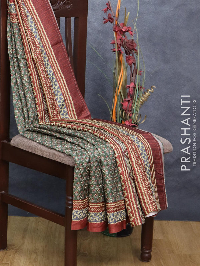 Semi tussar saree sap green and brown with allover floral prints & kantha stitch work and kantha stitch printed border - {{ collection.title }} by Prashanti Sarees