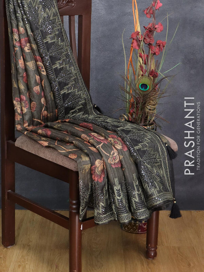 Semi tussar saree sap green and dark grey with allover kalamkari prints and embroidery sequin work border - {{ collection.title }} by Prashanti Sarees