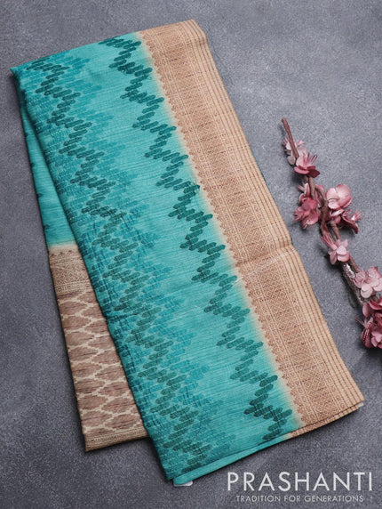 Semi tussar saree teal blue and beige with allover embroidery work and printed border - {{ collection.title }} by Prashanti Sarees